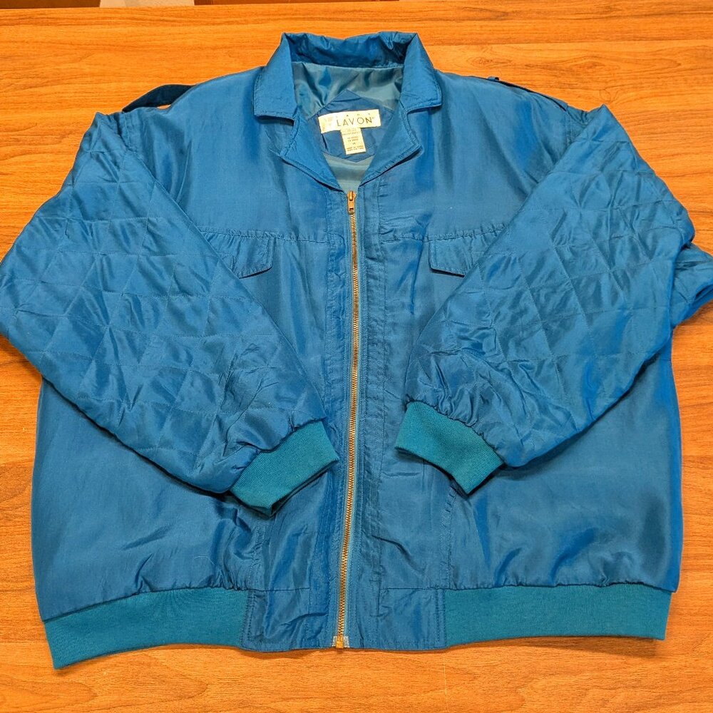 Vintage Silk Bomber Jacket Women XL Blue Quilted Sleeves Collared Windbreaker